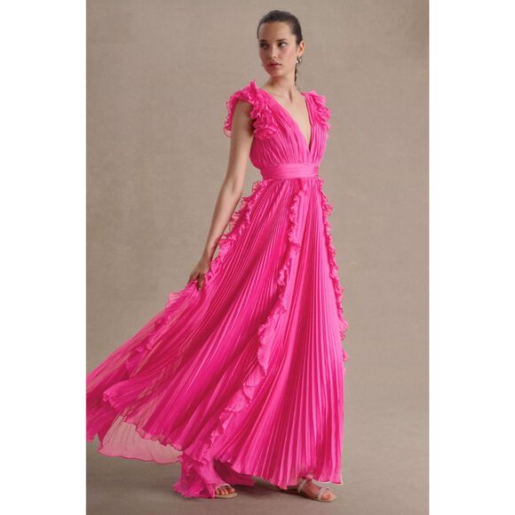 Mac Duggal 49539 Size 12 Pink Pleated Ruffle Ruffles V-Neck Long Maxi Gown Dress - Picture 2 of 8